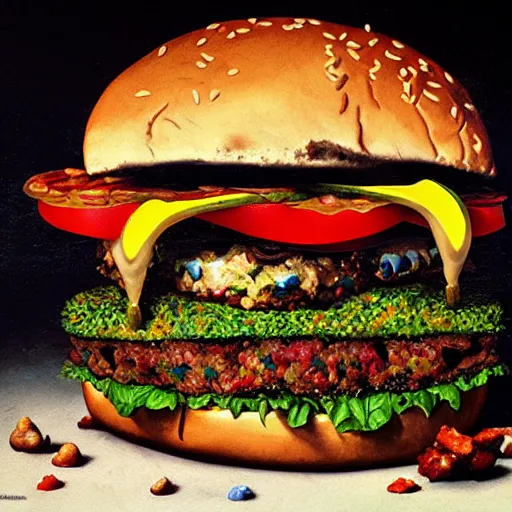 Prompt: zombie burger, by allori alessandro, oil paint, colorful, soft lighting, insanely detailed and intricate, hypermaximalist, elegant, ornate, hyper realistic, super detailed