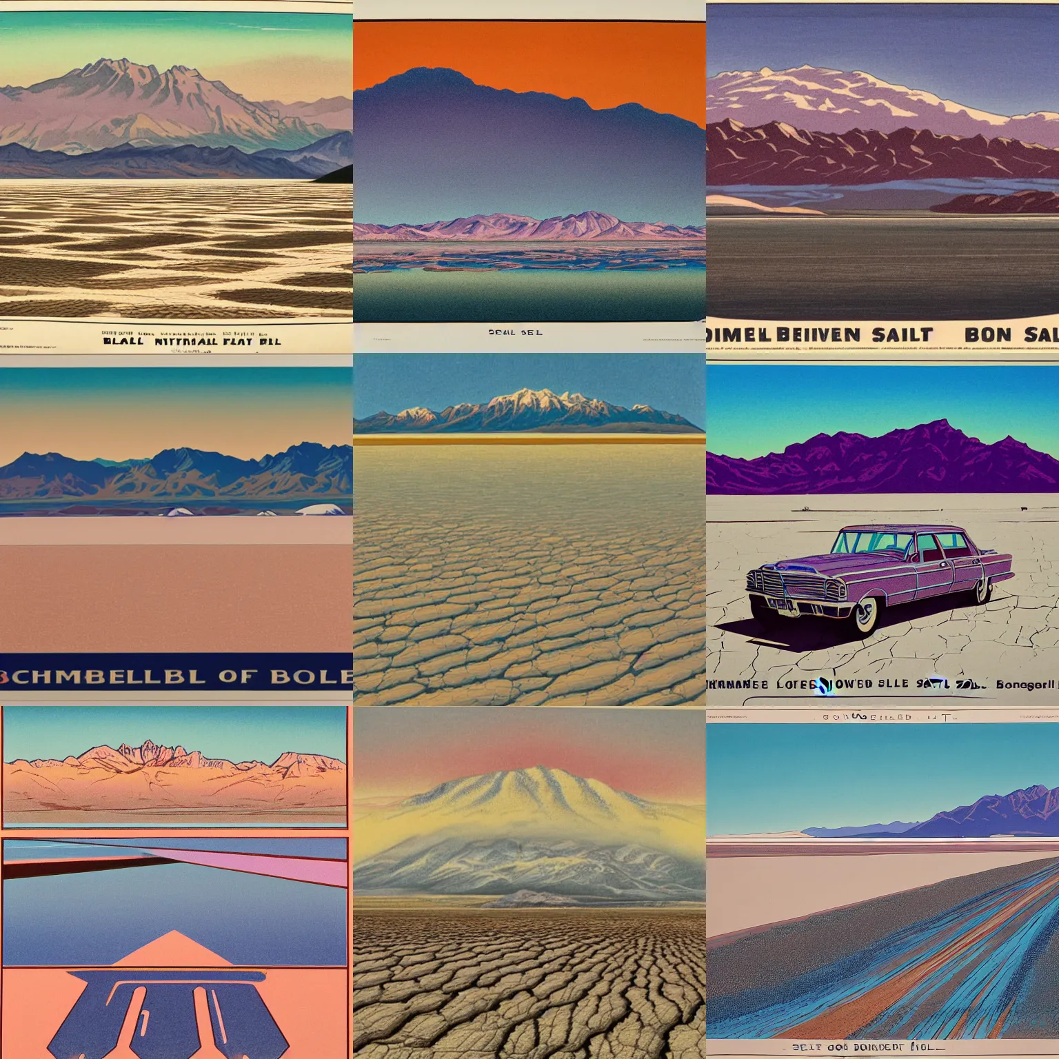 Prompt: chromolithograph of the bonneville salt flats color lithograph