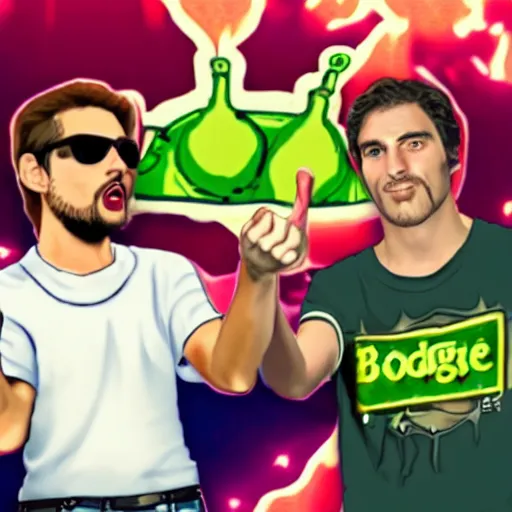 Image similar to vinesauce joel pointing at vinesauce vinny saying bogan burger, meme, realistic, hdr, clear image,