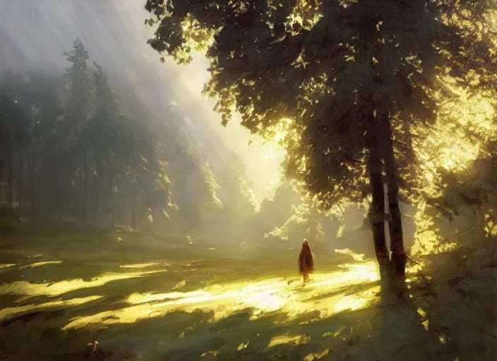 Image similar to oil painting of medieval forest path in dawn by anders zorn, wonderful art by greg rutkowski, incredible lighting, shadows, beautiful cinematic light, american romanticism by greg manchess, tall rocky mountains and storm clouds, sun rays, sunshine, bright sunny summer day, stone walls and wooden fences, meadow