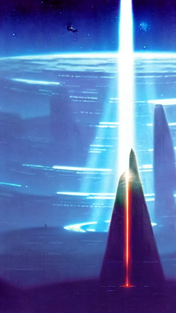 Image similar to a scifi illustration in the style of John Harris, the monolith at the end of time surrounded by a halo of coruscating light