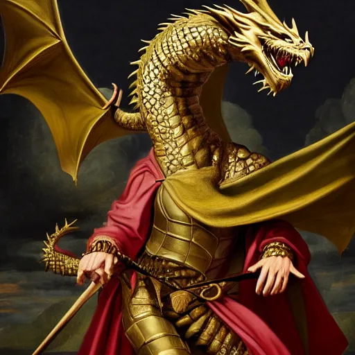 Image similar to baroque painting of a medieval dragon dressed as a wizard, the dragon has a long white beard, crescent moon in the background, detailed fullbody portrait, 8K HD image