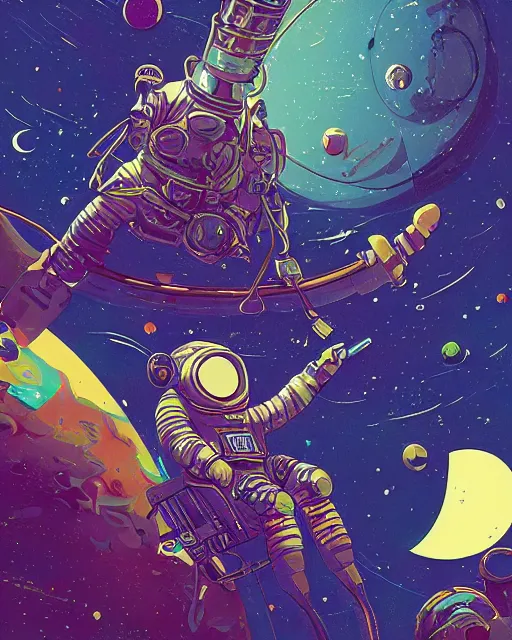 Image similar to wide shoot an cosmonaut lie relaxed on a crescent moon between the stars and the planets in outer space, cosmonaut post grunge concept art,psychedelic,high detail,4k, trending on artstation by josan gonzalez and tyler edlin