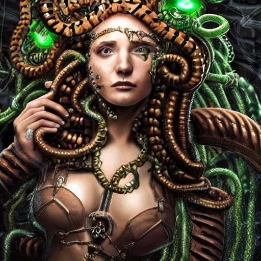 Image similar to photorealistic portrait of a steampunk gorgon medusa with borg implants and mechanical snakes coming out of her head. She is standing under a waterfall. very detailed, 8k