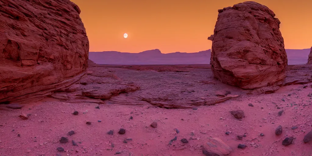 Image similar to a view looking out of a cave of a dried up river bend running through a canyon surrounded by desert mountains at sunset on mars, purple sky, two moons, planet mars, moab, utah, a tilt shift photo by frederic church, trending on unsplash, hudson river school, photo taken with provia, national geographic photo