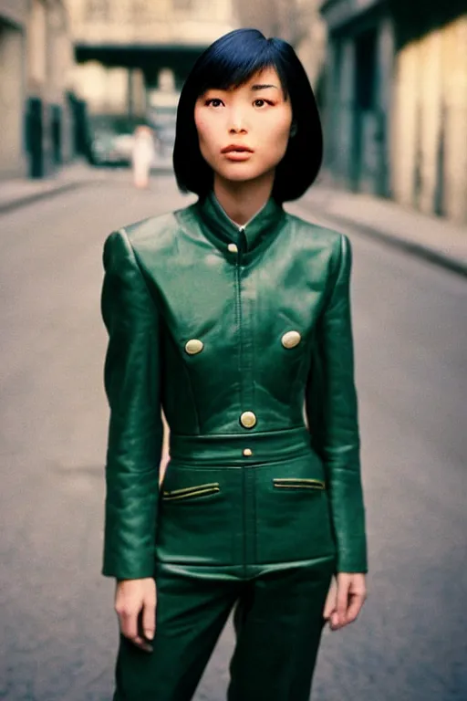 Prompt: ektachrome, 3 5 mm, highly detailed : incredibly realistic, beautiful three point perspective extreme closeup 3 / 4 portrait photo in style of chiaroscuro style 1 9 9 0 s frontiers in flight suit cosplay paris street photography, youthful asian demure, perfect features, cool haircut, atheletic agency model, vogue fashion edition