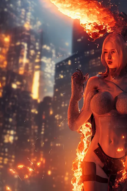 Prompt: beautiful blonde woman with her body completely covered in flames, cyberpunk, behind her a city during the end of the world, realistic, high definition, many details, symmetrical face, realistic eyes, art of unreal engine 5