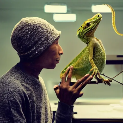 Image similar to cinematic film still of Pharrell Williams holding a lizard while Making A Beat with an anthropomorphic alien, Japanese VFX, 2018, 400mm lens, f1.8, shallow depth of field,film photography