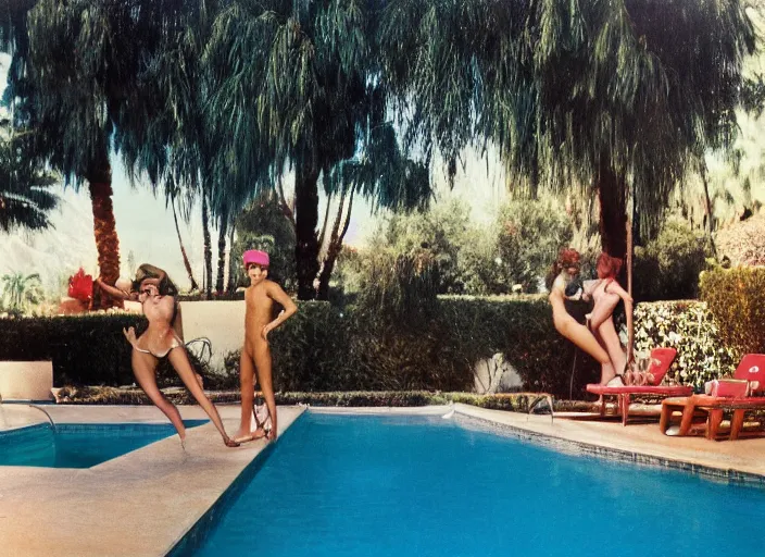 Image similar to a detailed photograph of 1 9 7 0 s palm springs backyard pool by slim aarons, poolside glamour, photoreal, getty images, 4 k