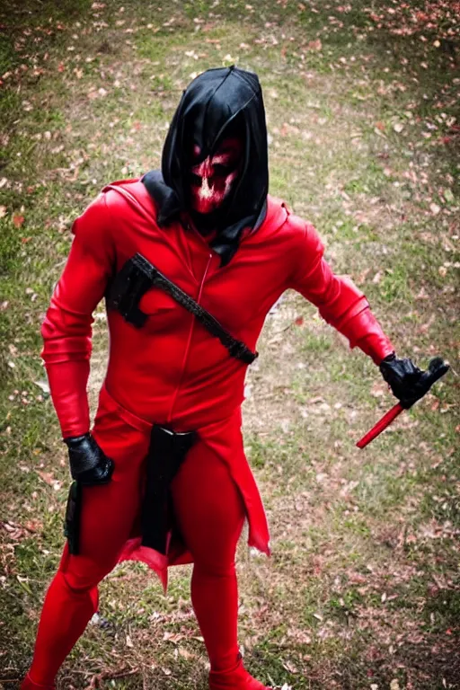 Prompt: red hood cosplay, creepy, disturbing, bloody