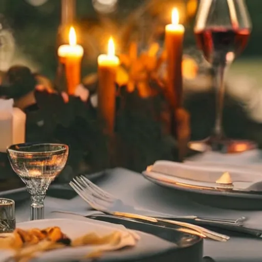 Image similar to romantic candle - lit dinner on a luxury table with a wine bottle, soft light, warmly lit