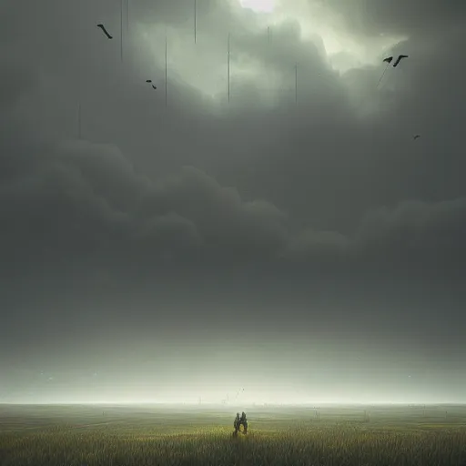 Prompt: plains, dusk, stormy overcast, octane render, cinematic, trending on artstation, elegant, intricate, style by Simon Stålenhag, 8k