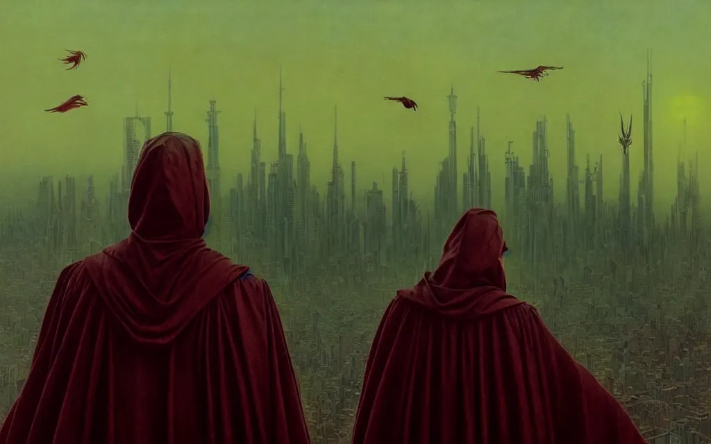 Image similar to realistic detailed portrait movie shot of a birdman wearing dark robes, futuristic city sunset landscape background by denis villeneuve, amano, yves tanguy, alphonse mucha, ernst haeckel, max ernst, roger dean, rich moody colours