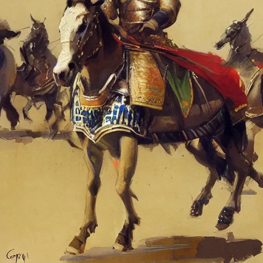 Prompt: portrait of man wearing chinmail and gambeson holding jousting lance, horse is wearing caparisons, by greg manchess, bernie fuchs, ruan jia