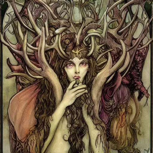 Image similar to a clothed monsterous scary inhuman group of unseelie with animal features including antlers by brian froud with art nouveau influence