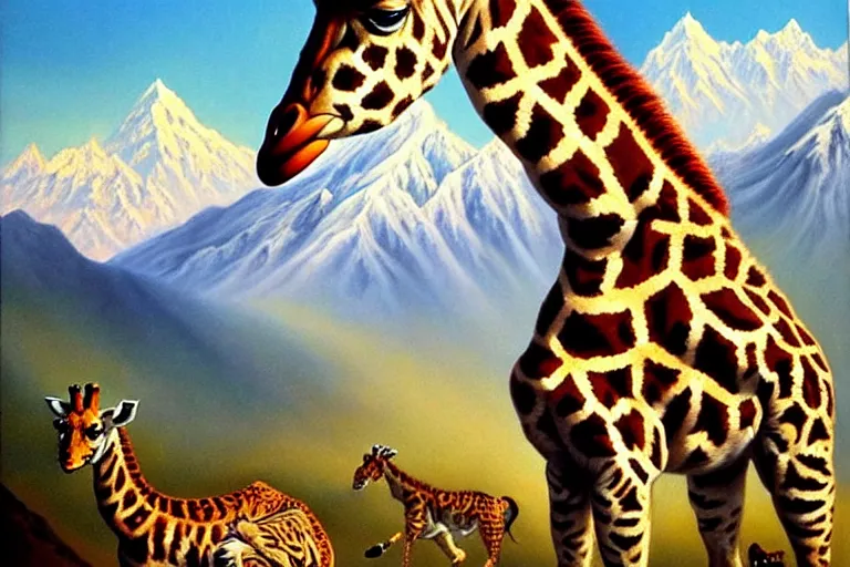 Image similar to ( ( a beautiful 8 k photorealistic masterpiece oil painting ) ( of ( a giraffe riding a tiger ) ( in the nepalese himalayas ) ) ( hyperrealism ) ( 1 6 k ) ( trending on artstation )