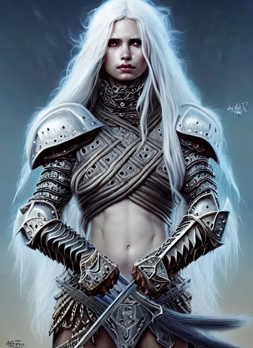 Image similar to barbarian, plated armor!!! long wild white hair!! covered chest!!! fantasy, d & d, intricate ornate details, digital painting, pretty face!!, symmetry, concept art, sharp focus, illustration, art by artgerm! greg rutkowski magali villeneuve wlop! ilya kuvshinov!!, octane render