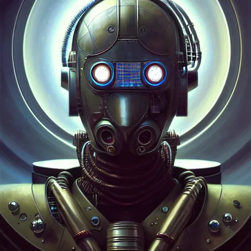 Image similar to front shot of a cyberpunk gazmask robot character, intricate, elegant, highly detailed, centered, digital painting, artstation, concept art, smooth, sharp focus, illustration, artgerm, Tomasz Alen Kopera, Peter Mohrbacher, donato giancola, Joseph Christian Leyendecker, WLOP, Boris Vallejo