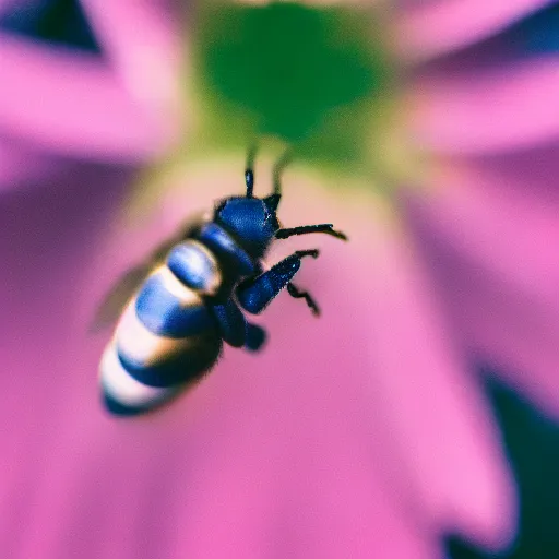 Prompt: macro photo of blue bee, kodak portra 4 0 0 color negative film