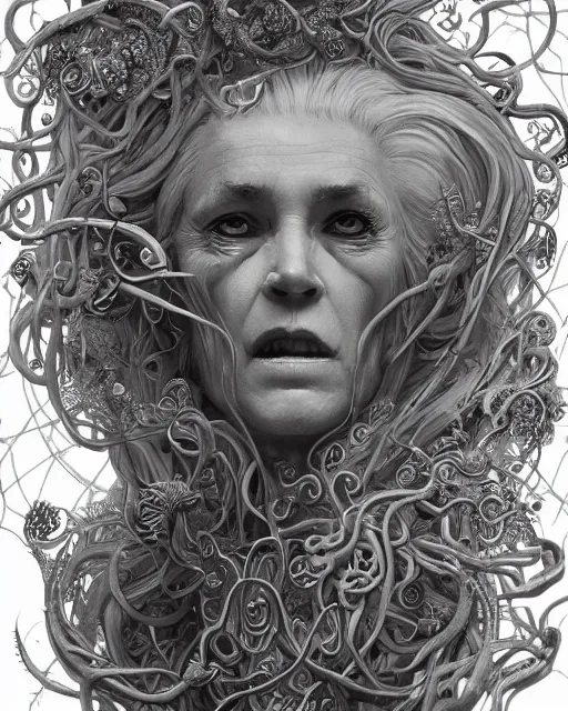 Image similar to centered beautiful detailed side view profile portrait of a insane, crazed, mad old woman with long grey hair, ornate tentacles growing around, ornamentation, thorns, vines, tentacles, elegant, beautifully soft lit, full frame, by wayne barlowe, peter mohrbacher, kelly mckernan, h r giger