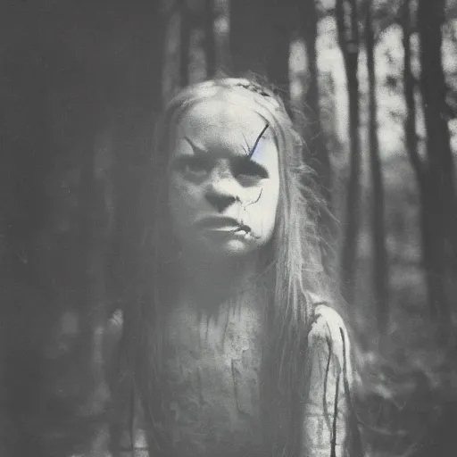 Prompt: spooky 1860 photo of an ancient girl demon devouring the the human kind on a dark forest