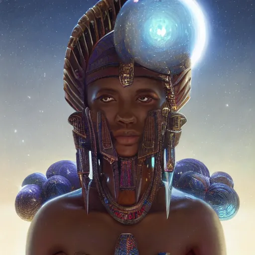 Image similar to highly detailed portrait of an african egyptian god and goddess, intricate alien technology, stephen bliss, unreal engine, fantasy art by greg rutkowski, loish, rhads, ferdinand knab, makoto shinkai and lois van baarle, ilya kuvshinov, rossdraws, tom bagshaw, global illumination, radiant light, detailed and intricate environment