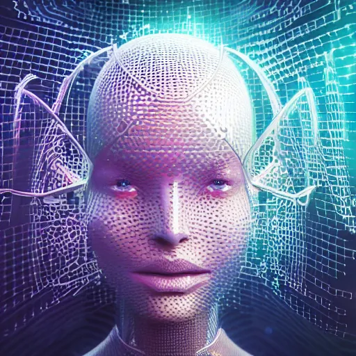 Image similar to an insanely detailed cibernetic artwork of a futuristic artificial intelligence superstar, centered image, with frames made of detailed fractals, octsne render, 4k, insanely detailed, cgi