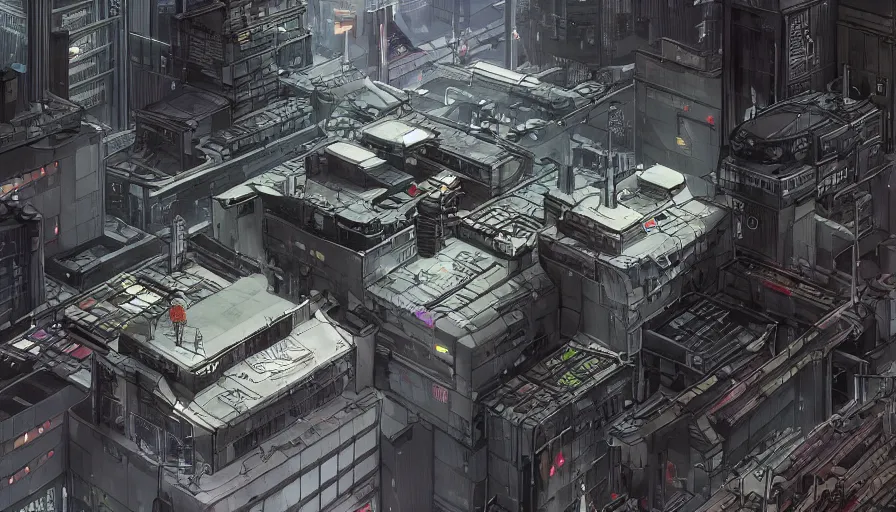 Image similar to Concept Art Illustration of neo-Tokyo Bank Headquarters, in the Style of Akira, Syndicate Corporation, Anime, Dystopian, Highly Detailed, Helipad, Special Forces Security, Blockchain Vault, Searchlights, Shipping Docks, For multiplayer Stealth fps bank robbery simulator, Inspired by MGS2 + Ghost in the shell SAC + Cowboy Bebop :4 by Katsuhiro Otomo : 8