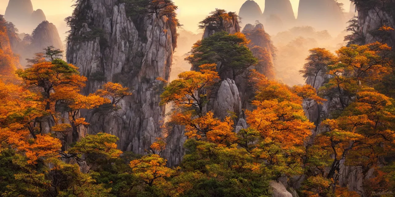 Prompt: huangshan with levitating stones in zero gravity, no trees, karst pillars forest, taoist temples and monks, human presence, artwork by ansel adams, andreas rocha, artstation, scifi, hd, wide angle, viewed from within a stone grotto, autumnal, sunset