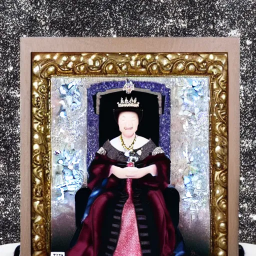 Prompt: a young queen elizabeth sitting on a joseon dynasty style throne, classy, silver glitter background with triptychs