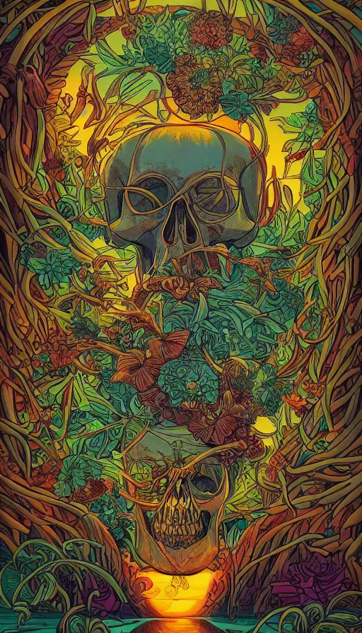 Image similar to The luminous island of the forgotten floral skull gods, italian futurism, da vinci, Dan Mumford, Josan Gonzalez