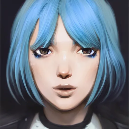 Prompt: profile shot of rimuru tempest, sky blue hair, straight hair, pretty, long bangs, amber eyes, all black jacket with white stripes, high collar, highly detailed, unreal engine 5, color block, digital painting, concept art, cinematic, wlop | artgerm, pixiv, greg rutkowski, ilya kuvshinov, andy warhol