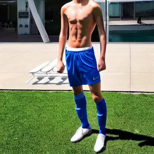 Image similar to a realistic detailed photo of a guy who is an attractive humanoid who is half robot and half humanoid, who is a male android, soccer player martin ødegaard, shiny skin, posing like a statue, blank stare, by the pool, on display, showing off his muscles, mannequin stand