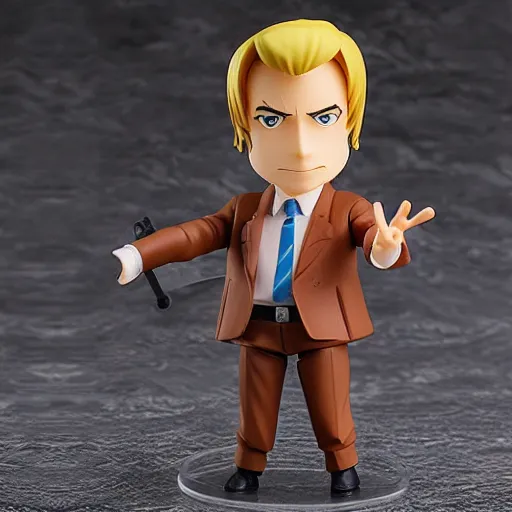 Image similar to Saul Goodman as a Figma anime figurine. Posable PVC action figurine.