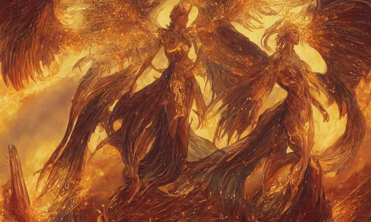 Prompt: phoenix bahamut with dresses of fireflies and flameches, flames intricate stainglass background, elegant, thin intricate stars and cosmos art nouveau frame, highly detailed, digital painting, artstation, concept art, matte, sharp focus, illustration, art by Artgerm and Greg Rutkowski and Alphonse Mucha