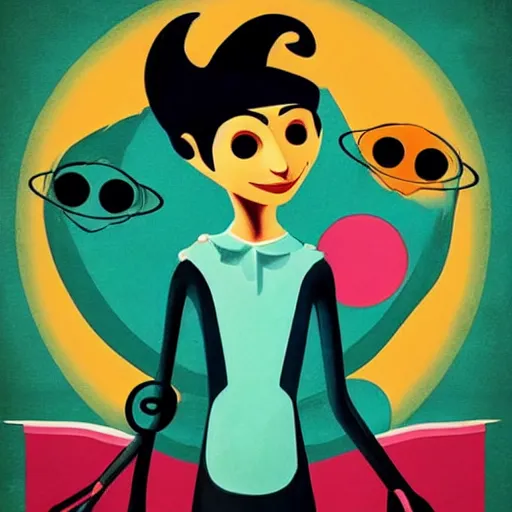 Prompt: “1950s art deco of the movie ‘Coraline’ under planets and stars in the background, retro poster, teal palette.”