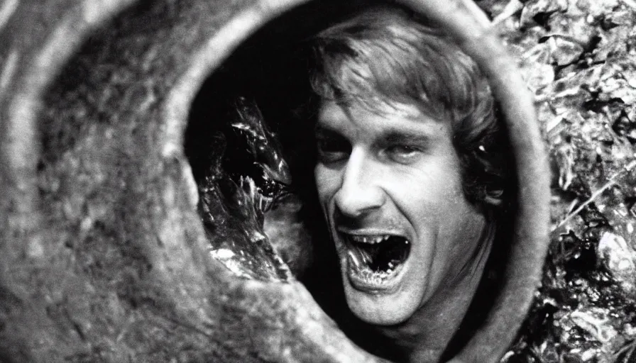 Image similar to 70s movie still close-up portrait of a man with a taxidermic bloody jaws and meat dress in a liminal space style tunnel, early black and white 8mm, heavy grain, high quality,