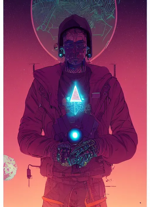 Image similar to a cyberpunk explorer meditating next to a floating triangular glowing monolith with one eye, highly detailed, midnight, by josan gonzalez and victo ngai and moebius