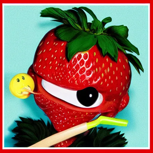 Image similar to a cute strawberry character with two front teeth, holding a yellow toothbrush, in the style of jamie hewlett