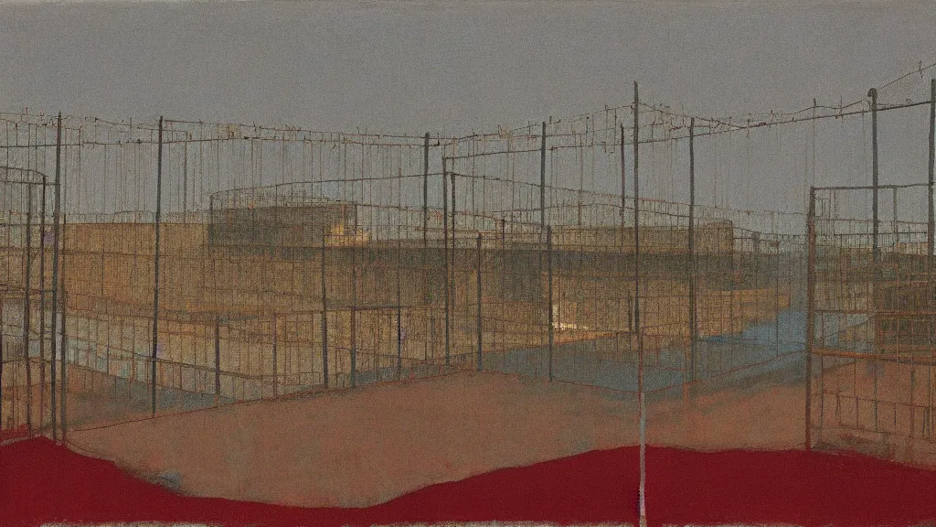 Image similar to a chinese prison near a river by peter doig, muted colors