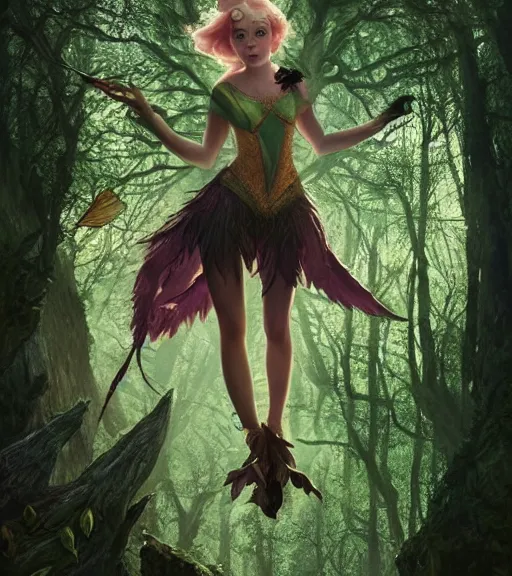 Image similar to evil tinker bell flying in an enchanted forest, flawless symmetrical pretty cute face, greg rutkowski, 8 k, shallow depth of field, intricate detail, concept art,