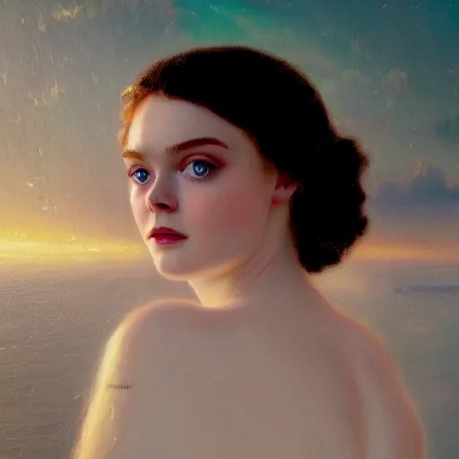 Prompt: professional painting of Elle Fanning in Santorini in the style of Delphin Enjolras, head and shoulders portrait, symmetrical facial features, smooth, sharp focus, illustration, intricate, stormy weather, extremely detailed masterpiece,