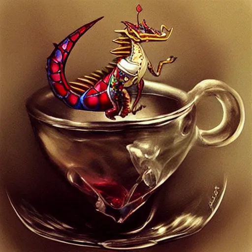 Prompt: tiny jeweled dragon sitting in a teacup, painting by artgerm