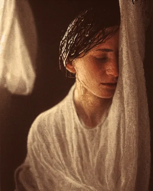 Image similar to portrait of 2 peasant woman with wet hair in a steam bath, minimalistic interior, soviet style, Cinematic focus, Polaroid photo, vintage, neutral colors, soft light, foggy, by Steve Hanks, by Serov Valentin, by lisa yuskavage, by Andrei Tarkovsky 8k render, detailed, oil on canvas