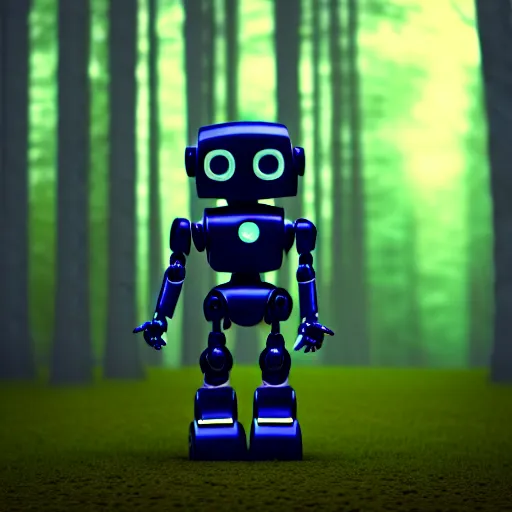 Image similar to a cute little robot in a wood. super realistic 8 k render of a dark hooded powerful elegant, cinematic composition