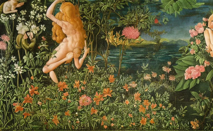 Image similar to mural depicting a lush floral oasis in a beautiful alien world, sci fi world, fantasy world, in the style of sandro botticelli, caravaggio, albrecth durer