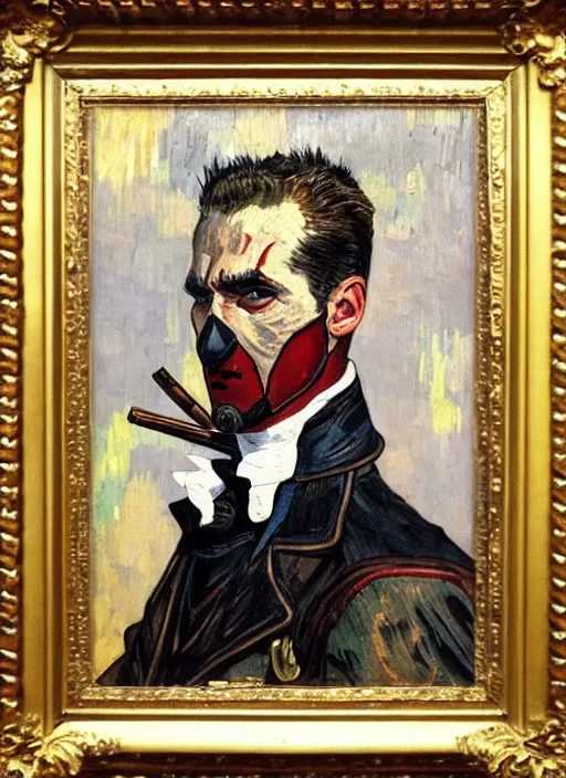 Image similar to oil painting of victorian deadpool created by james jean, vincent van gogh, michaelangelo, fantasy, portrait, highly detailed, large brush strokes