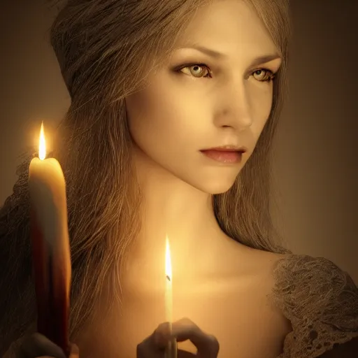 Prompt: masterpiece flemish candle light portrait of a beautiful! young woman, writing with a feather, by luis royo, artstation, deviant art, black background, candle light only, 8 k, octane render