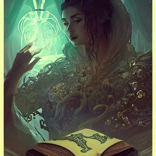 Prompt: “an eldritch book with a pocket dimension inside of it, D&D, fantasy, intricate, cinematic lighting, highly detailed, digital painting, artstation, concept art, smooth, sharp focus, illustration, art by Artgerm and Greg Rutkowski and Alphonse Mucha”