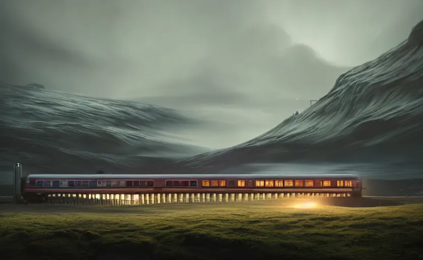 Prompt: exterior shot of utopian train station on in the middle of an icelandic hill with cinematic lighting by peter zumthor and renzo piano, darek zabrocki and greg ruthkowski, simon stalenhag, cinematic, holy place, paradise, scifi, futurism, atmospheric, concept art, artstation, trending on artstation